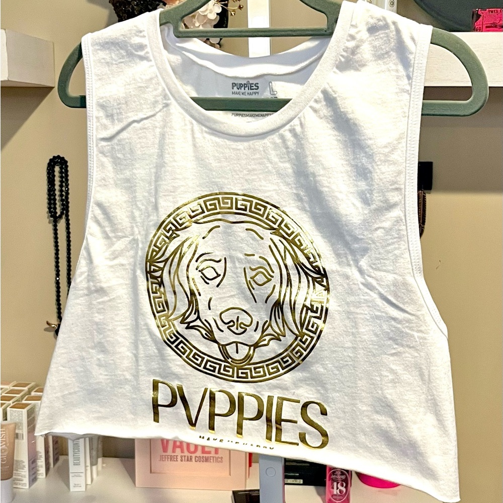 New Puppies Make Me Happy Verdoggie Gold Foil White Crop Tank - Sold Out